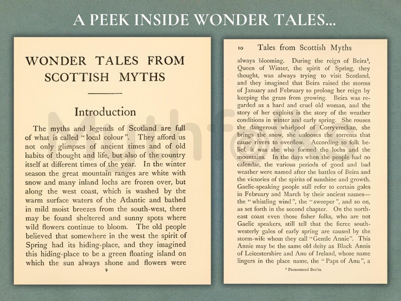 May include: Two pages from a book titled Wonder Tales from Scottish Myths. The text is printed in black ink on cream-colored paper. The left page features the title and introduction, while the right page contains the text of the tenth chapter.