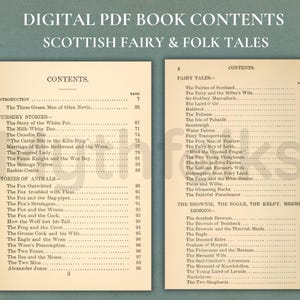 May include: Two pages of a digital PDF book titled Scottish Fairy & Folk Tales, displaying a table of contents with sections for Nursery Stories, Stories of Animals, Fairy Tales, and The Brownie, The Bogle, The Kelpy, Mermen, Demons.