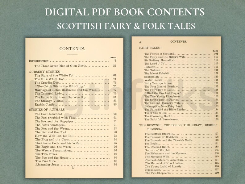 May include: Two pages of a digital PDF book titled Scottish Fairy & Folk Tales, displaying a table of contents with sections for Nursery Stories, Stories of Animals, Fairy Tales, and The Brownie, The Bogle, The Kelpy, Mermen, Demons.