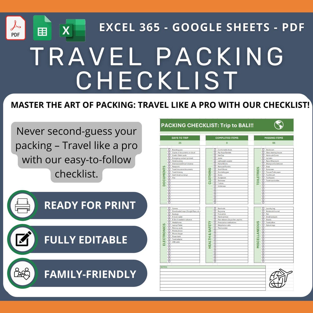 Travel Packing Checklist – Digital To-do List & Excel Planner for ...