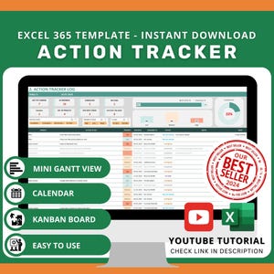 May include: A computer screen displaying a spreadsheet with a green and orange colour scheme. The spreadsheet is titled "Action Tracker Log" and includes a mini Gantt view, calendar, Kanban board, and a YouTube tutorial link. The spreadsheet is labelled as a "Best Seller 2024" and is an Excel 365 template.