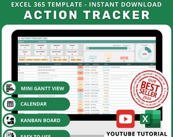 Excel Team Task Tracker – Åtgärdslista med Kanban, Gantt och Kalender (digital nedladdning)