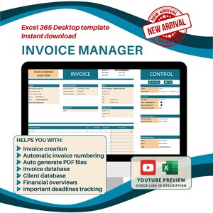 May include: A computer screen displaying a spreadsheet template for managing invoices. The template includes sections for invoice details, customer information, and payment information. The text "Invoice Manager" is displayed in a large font at the top of the screen. The text "Helps You With" is displayed in a smaller font below the spreadsheet, followed by a list of features including invoice creation, automatic invoice numbering, auto generate PDF files, invoice database, client database, financial overviews, and important deadlines tracking.