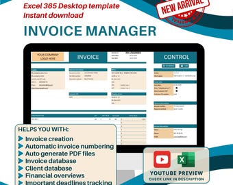 Invoice Manager: Invoice generator & Payment Organizer, Client Management (Digital Download, Excel 365 Required)