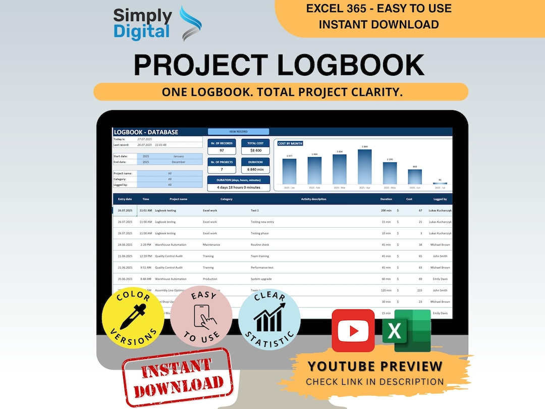 Project Logbook Excel Template: Track Every Project Action, Time and ...