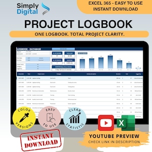 Könnte beinhalten: Ein digitales Projekt-Logbuch, das auf einem Computerbildschirm angezeigt wird. Der Bildschirm zeigt eine Tabelle mit Datensätzen, Diagrammen und Grafiken. Der Text "PROJECT LOGBOOK" und "EXCEL 365 - EASY TO USE INSTANT DOWNLOAD" ist enthalten.