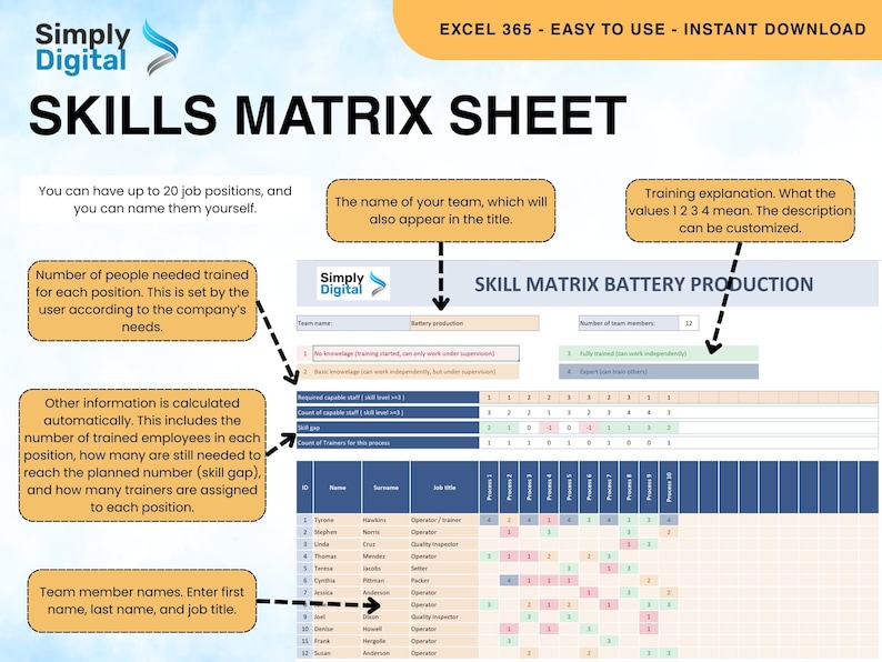 Skills Matrix – Excel Template for Workforce Training, Skills Tracking ...