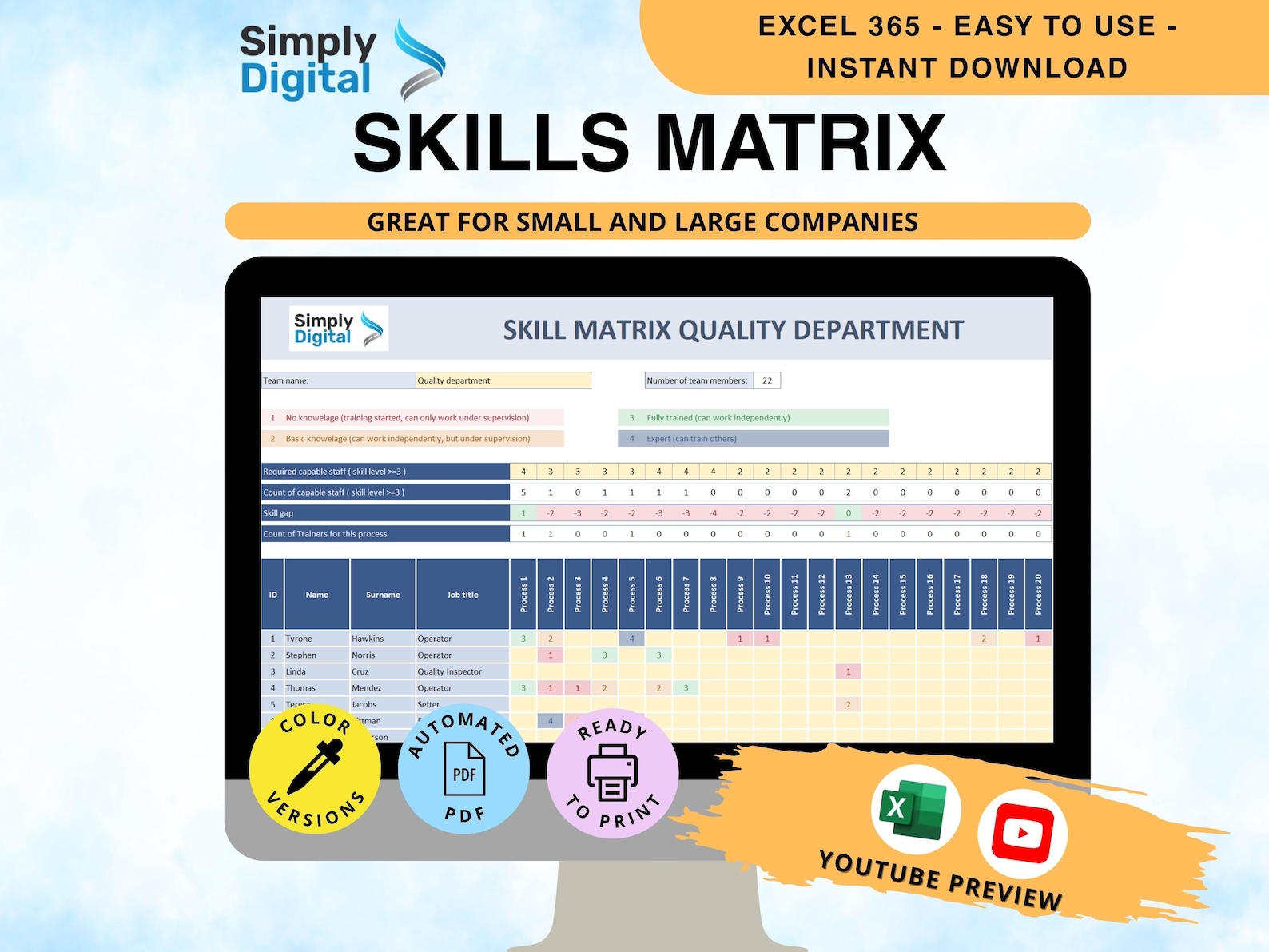 Skills Matrix – Excel Template for Workforce Training, Skills Tracking ...