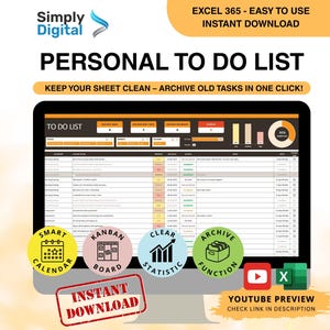 May include: A computer monitor displays an Excel "Personal To Do List" template. The screen shows a spreadsheet with task categories and statuses. Icons for Smart Calendar, Kanban Board, Clear Statistic, and Archive Function are visible. Text includes "Excel 365 - Easy to Use" and "Instant Download."