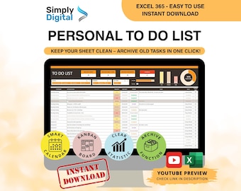 To-Do List, Personal Excel Template - Task Tracker, Kanban Board, Calendar (Digital Download)