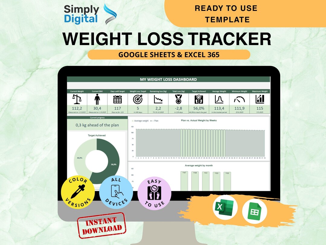 Weight Loss Tracker Spreadsheet With Easy Data Entry and Automatic Goal ...