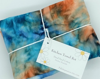 Dyed Dish Towels Set of 2 - Kitchen Flour Sack Navy Blue Teal Turquoise Orange Cotton Tea Towel Hostess Gift Mother Mom Bridal Shower 0824
