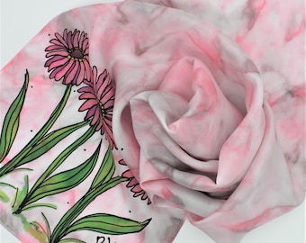 Hand Painted Silk Scarf - Handpainted Scarves Pink Coral Salmon Berry Gray Gerbera Daisy Flowers Floral Breast Cancer Spring Summer 0414