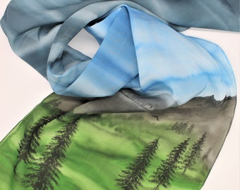 Hand Painted Silk Scarf - Mountains Navy Blue Dark Green Forest Gray Grey Black Trees Pine Nature Handpainted Scarves Gift Watercolor 0407
