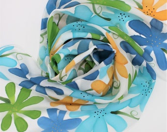Hand Painted Silk Scarf - Flowers Daisy Blue Turquoise Navy Green Yellow Gold Orange Spring Summer Floral Garden Gift Handpainted Scarves
