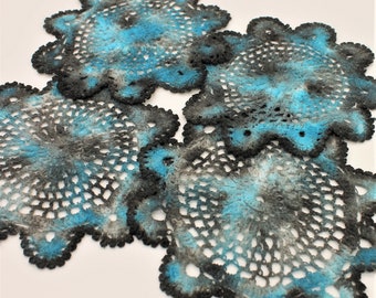 Hand Dyed Doily Set - Turquoise Blue Black Gray Coasters Crochet Vintage Upcycled Home Table Decor Unique Hostess Housewarming Gift 0705