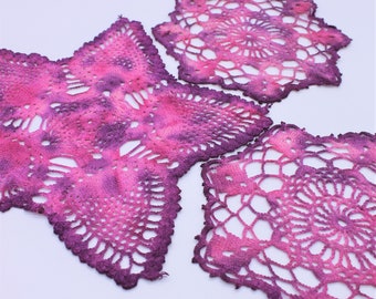 Hand Dyed Doily Set - Pink Mulberry Purple Magenta Coasters Home Table Top Decor Unique Crochet Doilies Hostess Gift 0414