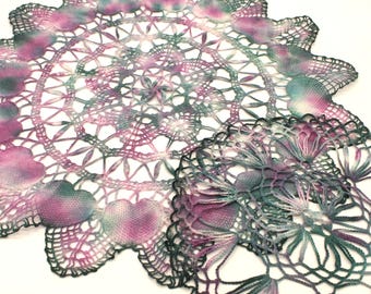 Hand Dyed Doily Set of 2: Upcycled Teal Purple Pink