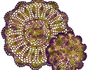 Hand Dyed Doily Set - Purple Green Plum Avocado Placemat Home Table Decor Unique Crochet Doilies Mother Hostess Gift 0414