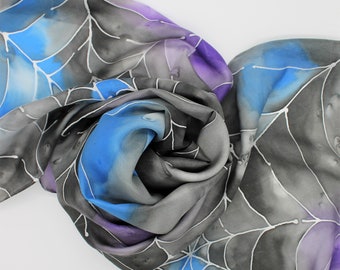 Hand Painted Silk Scarf - Handpainted Scarves Cobwebs Spider Web Black Blue Purple Gray Grey Halloween Goth Webs 0127