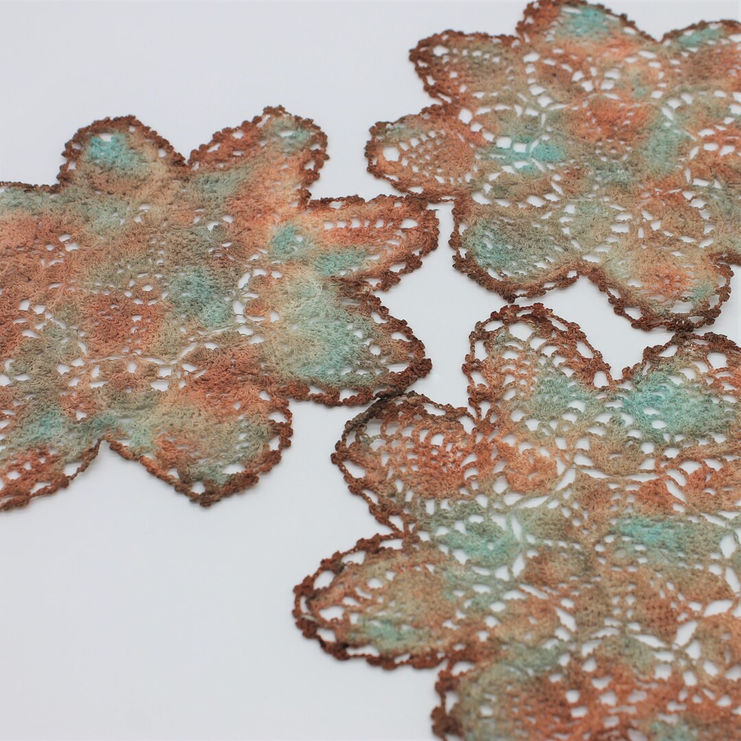 Hand Dyed Doily Set southwest Rust Aqua Burnt Orange Coasters Crochet ...