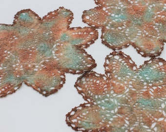 Hand Dyed Doily Set -Southwest Rust Aqua Burnt Orange Coasters Crochet Upcycled Home Table Decor Unique Hostess Housewarming Gift 0407