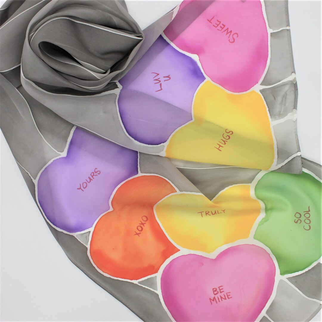 Hand Painted Silk Scarf: Love Hearts Valentines Day Gray Ladies ...