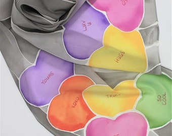 Hand Painted Silk Scarf - Love Hearts Valentines Day Rainbow Gray Pink Yellow Green Orange Purple Teen Gift Candy Handpainted Scarves 0127