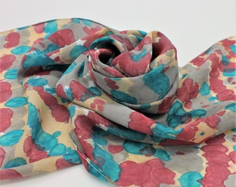 Hand Painted Silk Scarf - Tie Dyed Teal Green Blue Turquoise Dark Red Gray Grey Silver Cream Tan Beige Handpainted Scarves Dye 0220