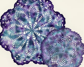 Hand Dyed Doily Set - Turquoise Blue Purple Navy White Teal Home Table Decor Unique Crochet Doilies Hostess Mother Gift 0418