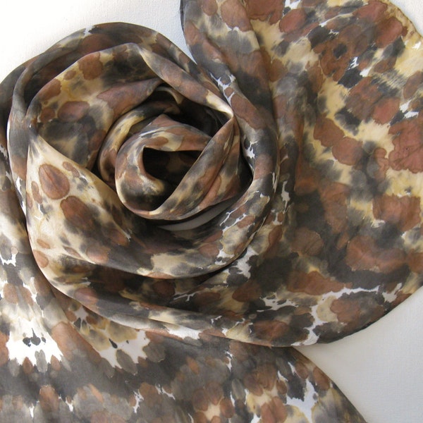 Silk Scarf - Safari - Hand Painted Ladies Scarves Tie Dyed Brown Black Tan Gray White Animal Leopard Neutral
