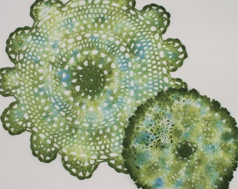 Hand Dyed Doily Set - Olive Green Avocado Blue White Spring Summer Home Decor Crochet Doilies Mother Hostess Gift 0310