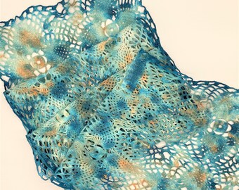 Hand Dyed Doily - Runner Teal Green Turquoise Orange Peach Aqua Unique Upcycled Vintage Home Decor Table Large Crochet Doilies Gift 1223