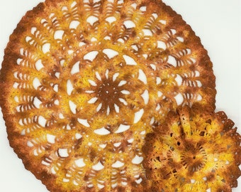 Hand Dyed Doily Set - Orange Yellow Rust Gold Autumn Fall Crochet Doilies Placemat Upcycled Home Gift Table Decor 0418