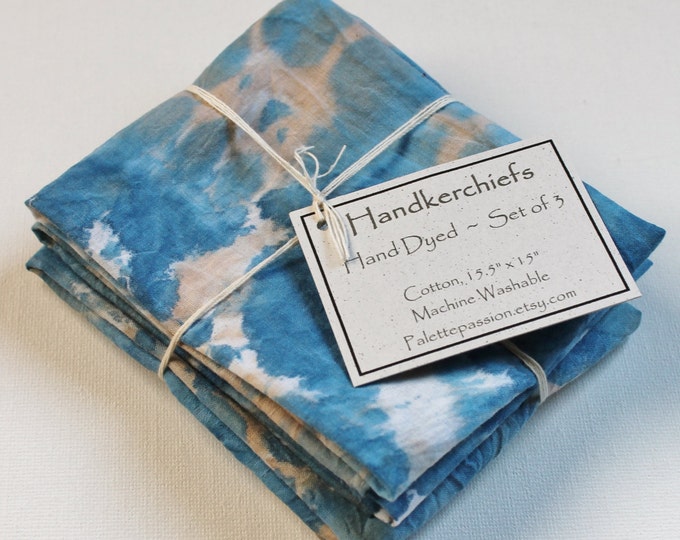 Hand Dyed Handkerchiefs Mens Cotton Hankies Set of 3 Navy Light Blue