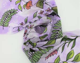 Hand Painted Silk Scarf - Botanical Purple Green Lavender Leaves Garden Spring Summer Ladies Mother Gift Handpainted Scarves 0103
