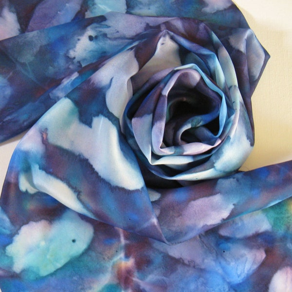Silk Scarf - Moonlight - Hand Painted Ladies Scarves Navy Blue Turquoise Sapphire Teal Leaves