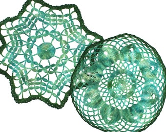 Hand Dyed Doily Set - Green Blue Avocado Turquoise Aqua Home Decor Crochet Doilies Mother Grandma Mom Hostess Gift 0407