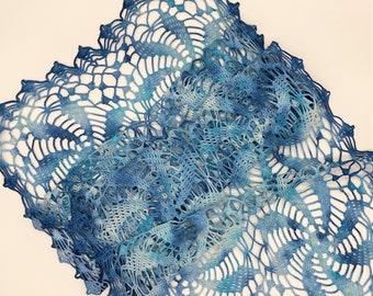 Hand Dyed Doily - Runner Navy Blue Turquoise White Winter Unique Upcycled Vintage Home Decor Table Large Crochet Doilies Mother Gift 1223