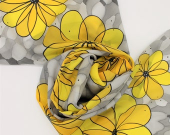 Hand Painted Silk Scarf - Yellow Gray Black Silver Flowers Floral Garden Mothers Day Gift Ladies Handpainted Scarves 0430