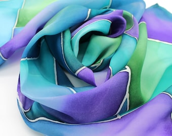 Hand Painted Silk Scarf - Purple Teal Green Turquoise Navy Blue Stained Glass Mother Mom Grandma Gift Ladies Handpainted Scarves 1127