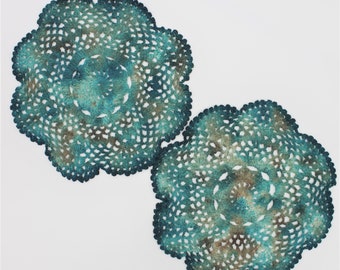 Hand Dyed Doily Set - Teal Green Brown Beige Aqua Gift Unique Table Home Decor Fun Crochet Doilies