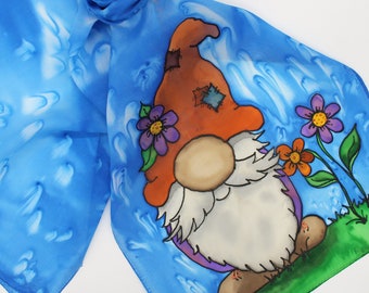 Hand Painted Silk Scarf - Gnome Blue Orange Green Purple Whimsical Copper Ladies Mother Gift Handpainted Scarves 0407