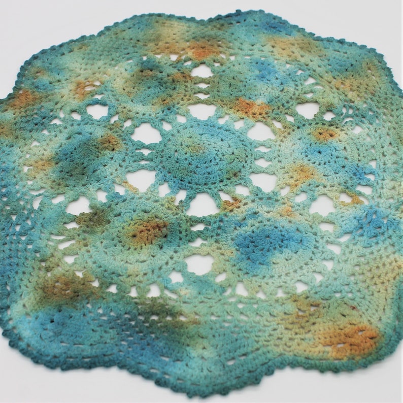 Hand Dyed Doily Teal Turquoise Blue Orange Rust Mustard Gold Jade Placemat Home Decor Table Crochet Doilies Mother Gift 0103 image 3