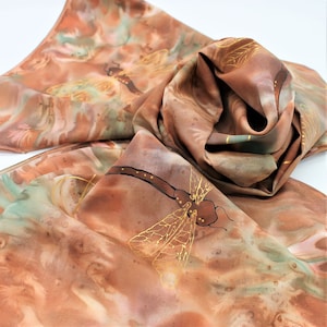 Hand Painted Silk Scarf: Dragonflies Gold Copper Orange Rust Ladies Handpainted Scarves