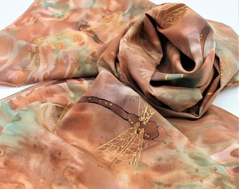 Hand Painted Silk Scarf - Dragonflies Gold Copper Burnt Orange Rust Blue Green Turquoise Southwest Patina Ladies Handpainted Scarves 0220