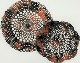 Hand Dyed Doily Set - Orange Black Gray Halloween Pumpkin Autumn Fall Crochet Doilies Placemat Upcycled Home Gift Table Decor 0112