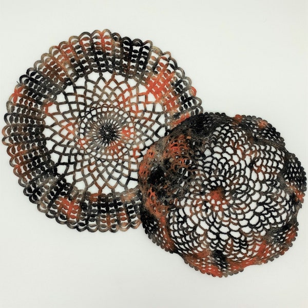 Hand Dyed Doily Set - Orange Black Gray Halloween Pumpkin Autumn Fall Crochet Doilies Placemat Upcycled Home Gift Table Decor 0112