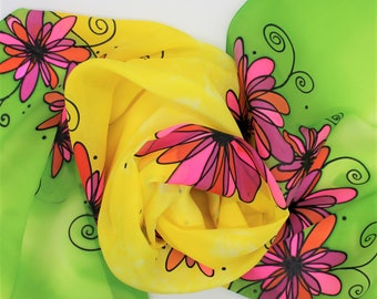 Hand Painted Silk Scarf - Handpainted Scarves Bright Yellow Lime Green Hot Pink Orange Daisies Daisy Flowers Floral Summer Spring 0407