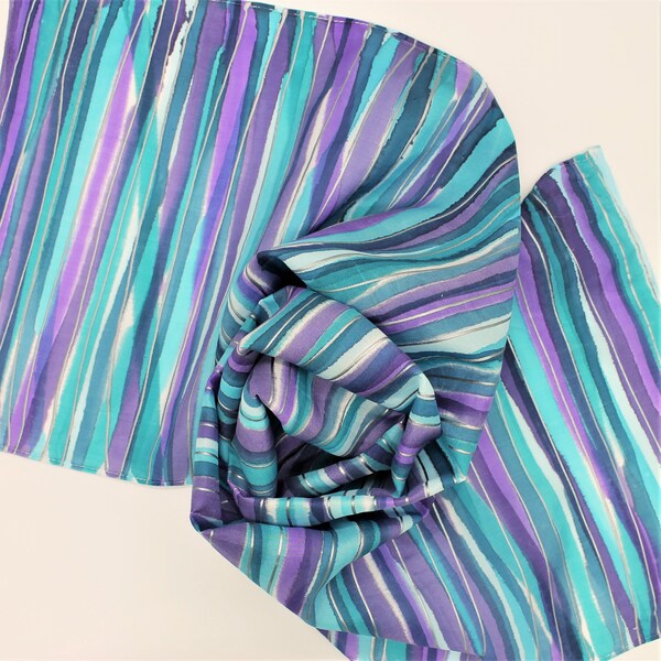 Hand Painted Silk Scarf - Handpainted Scarves Purple Teal Turquoise Blue Silver Aqua Eggplant Green Stripe Striped 0322